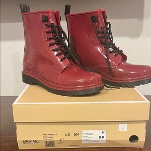 Michael Kors Red Patent Lace-Up Ankle Boots with Black Laces